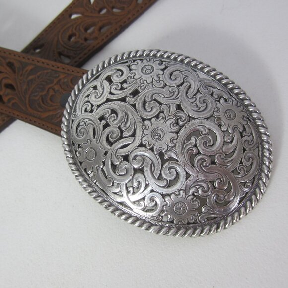 New Tony Lama Women 32 Brown Pierced Leather Filigree Belt Silvertone Buckle - Picture 10 of 12